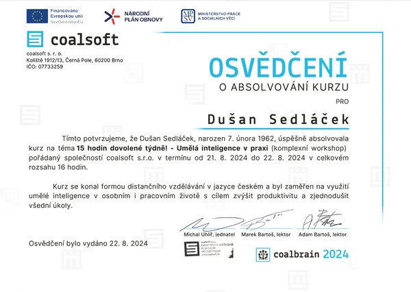 Osvědčení o absolvování kurzu Umělá inteligence v praxi