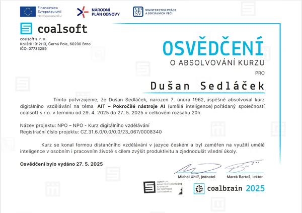 Osvědčení o absolvování kurzu AIT – Pokročilé nástroje AI